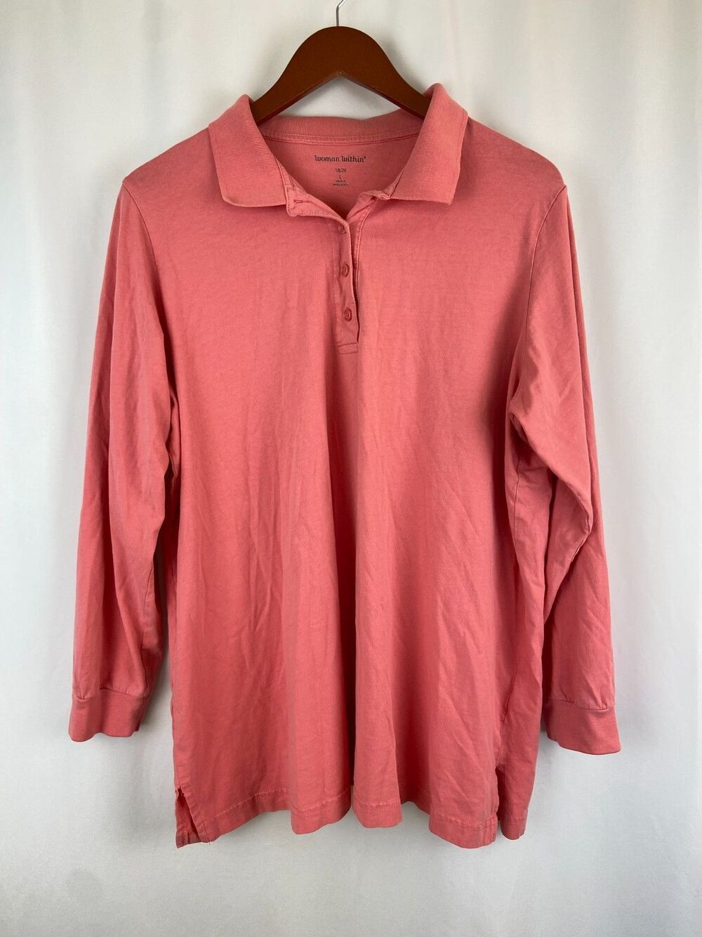Woman Within Shirt Women Large 18/20 Pink Salmon Button Front Long Sleeve Collar